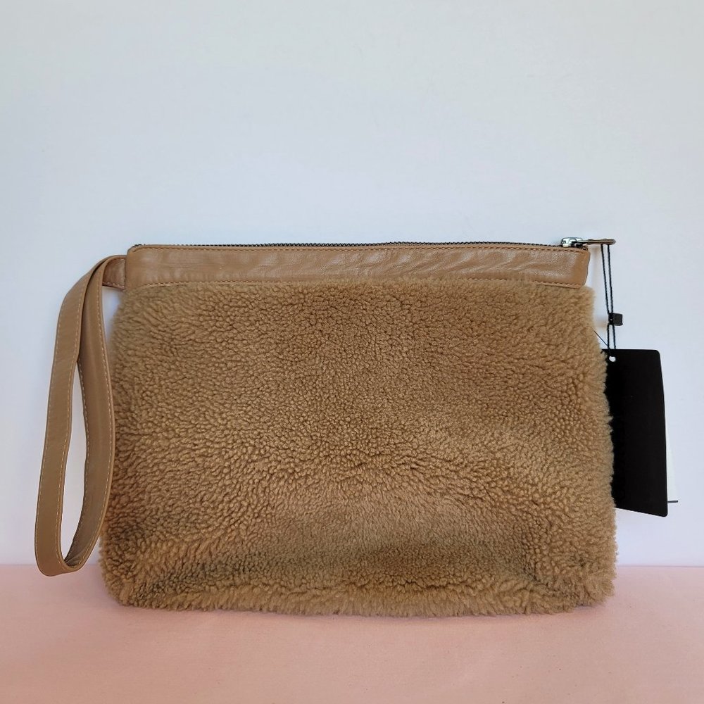 VIAVENETO Delilah Curly Lambskin Shearling Large Pouch/Wristlet- Camel color